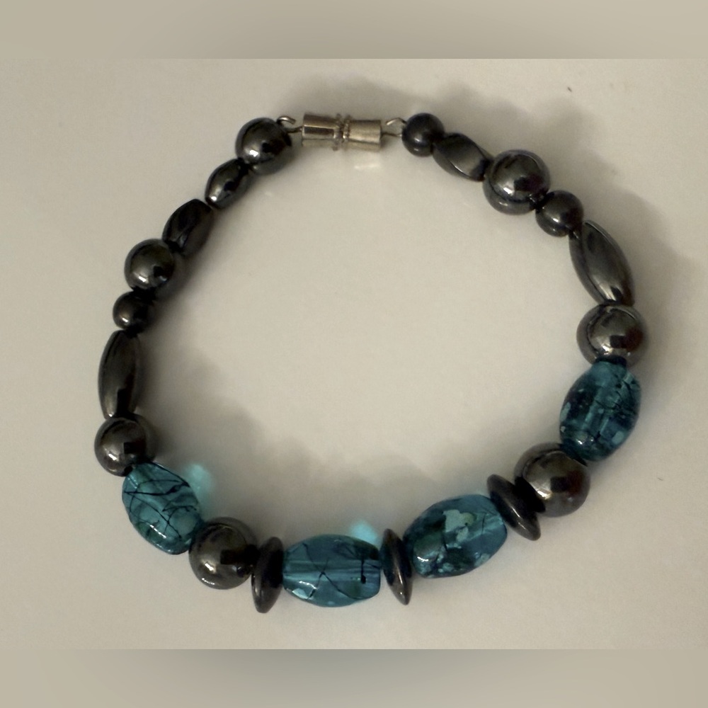 Handmade Hematite and Blue Crystal 8” Bracelet - Picture 1 of 8